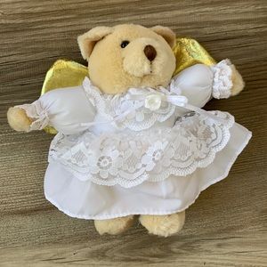 Angel Winged Teddy Bear Plush Stuffed Animal Wearing White Lace Dress Gold Wings